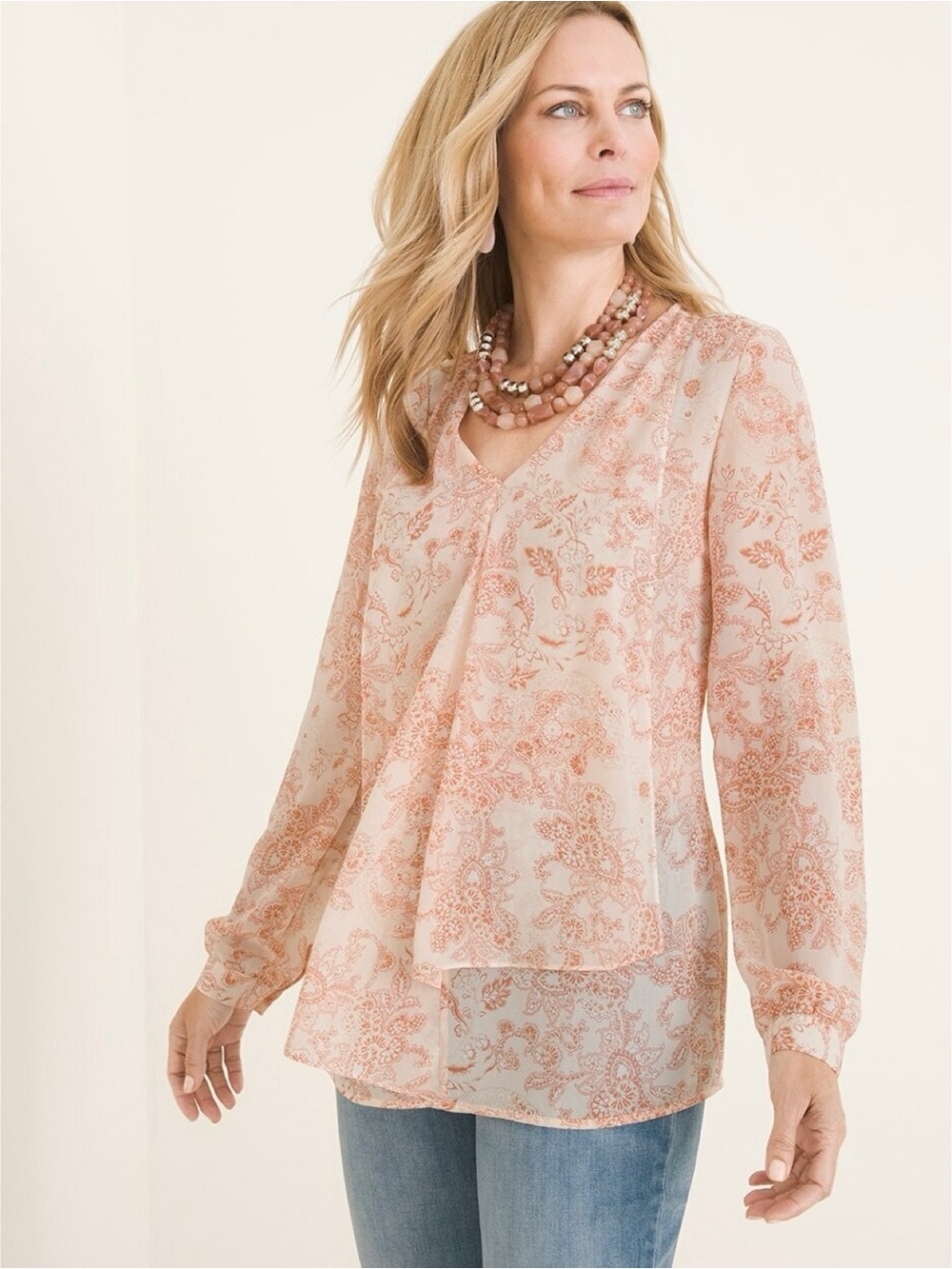 Chico’s cream paisley print drapey-front semi-sheer blouse (size 3, 16/18)